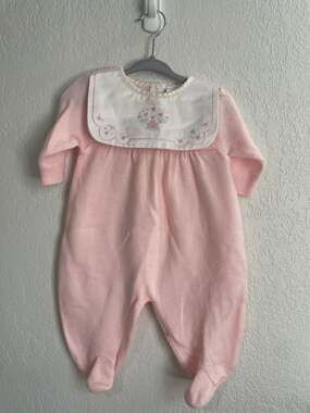 Vintage Sears Baby Girl Pink Knit Footie Romper with Floral Embroidered Collar S